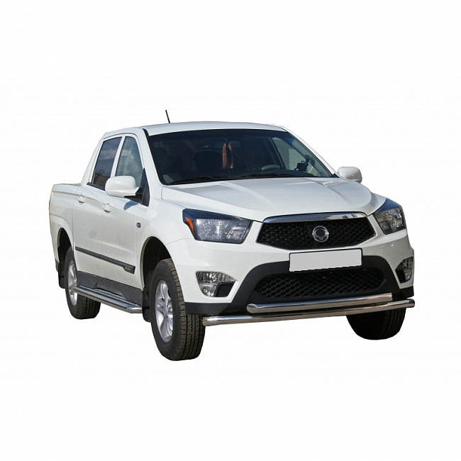 Защита порогов SsangYong ActionSports 2012-2015 (НПС) с алюм.накладкой Ø63.5 мм (1669Н)