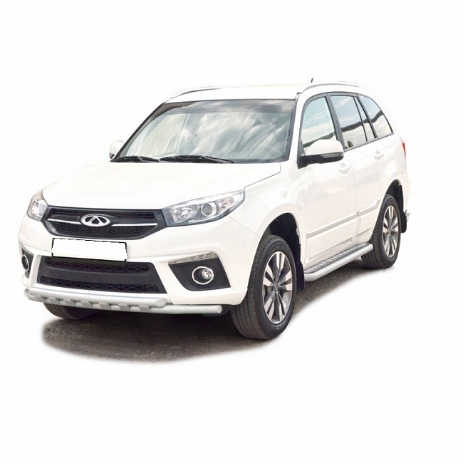 Защита порогов c алюм накладками d63, Chery Tiggo 3 (2014-н.г.) (НПС) (арт.1999 Н)