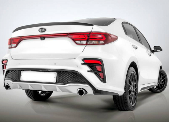 Задний бампер Kudos для Kia Rio 4 с 2017- (под раздвоенный выхлоп)